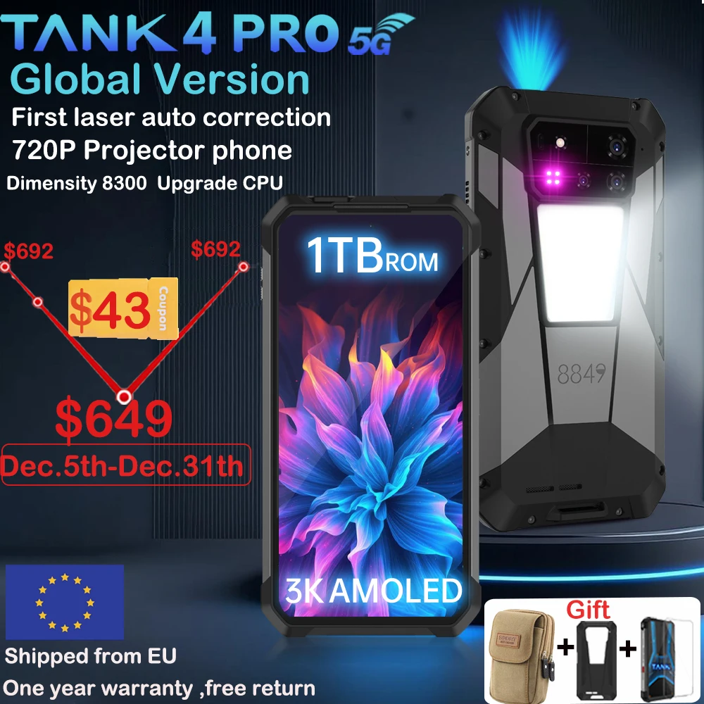 8849 Tank 4 Pro Unihertz 5G Rugged Projector Smartphone 36G 1TB Android 14 Sports Phone 11600mAh Dimensity8300 AMOLED 120HZ