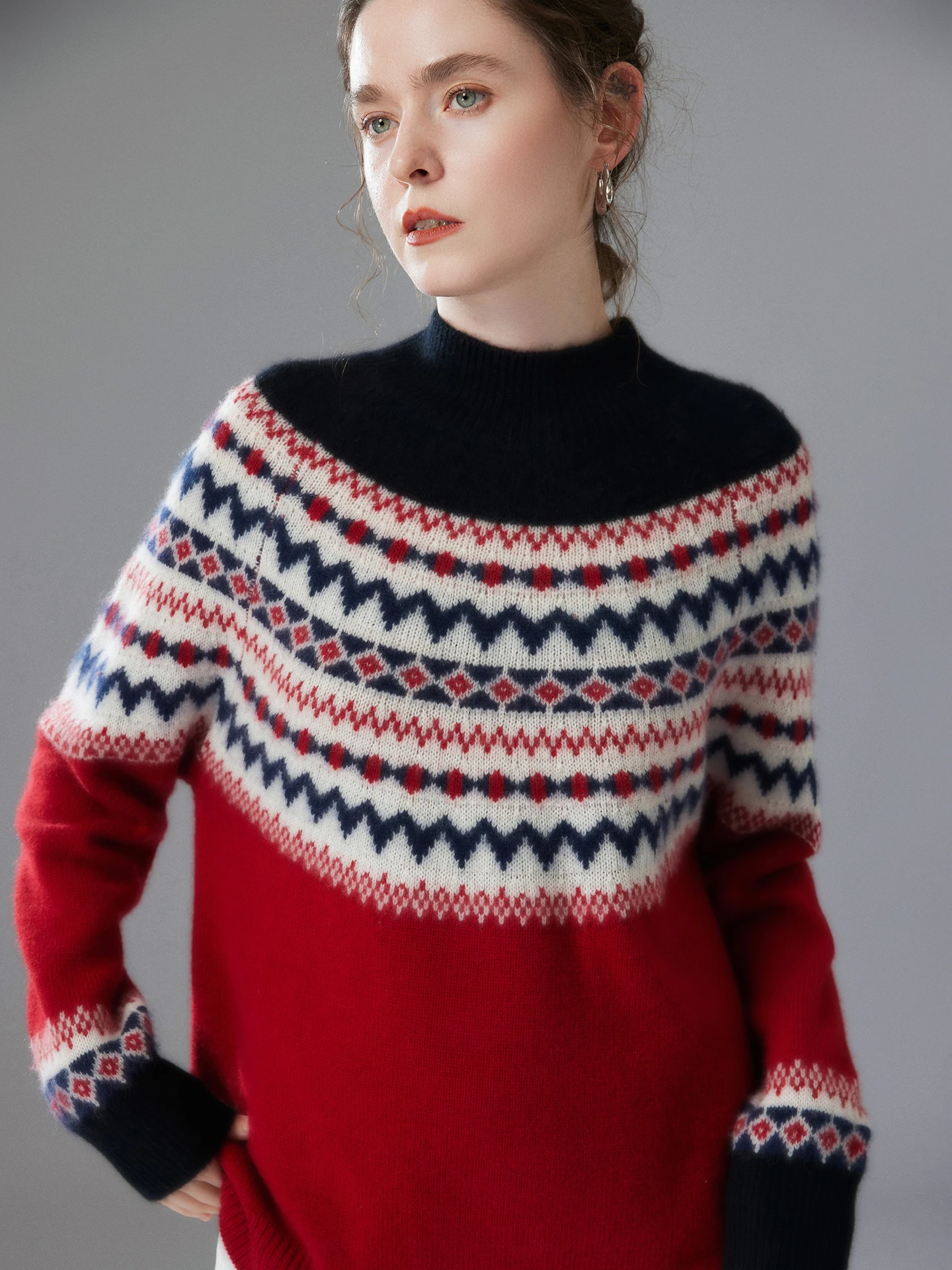 เสื้อสเวตเตอร์แคชเมียร์แท้ 100% สำหรับผู้หญิง ลาย Faire Isle แบบ Jacquard คอเต่า ทรงหลวม นุ่ม หนา เหมาะสำหรับฤดูใบไม้ร่วงและฤดูหนาว สไตล์วินเทจ