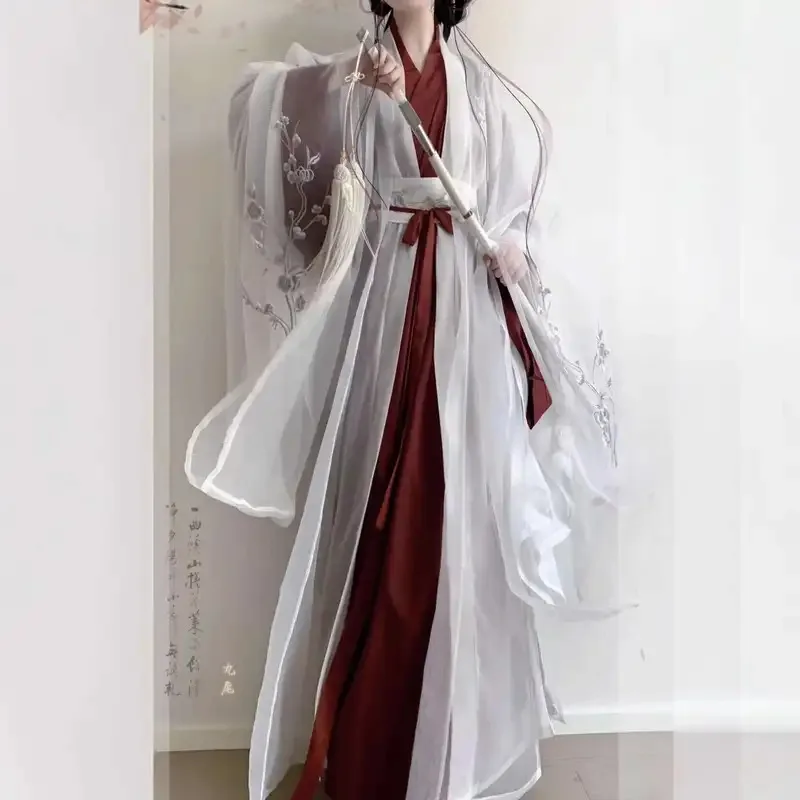 

CyWomen In Hanfu[White Chess]Wei Jin Style Straight Train With Large Sleeves Inside And Outside, White Cool Fairy Style Waist Se