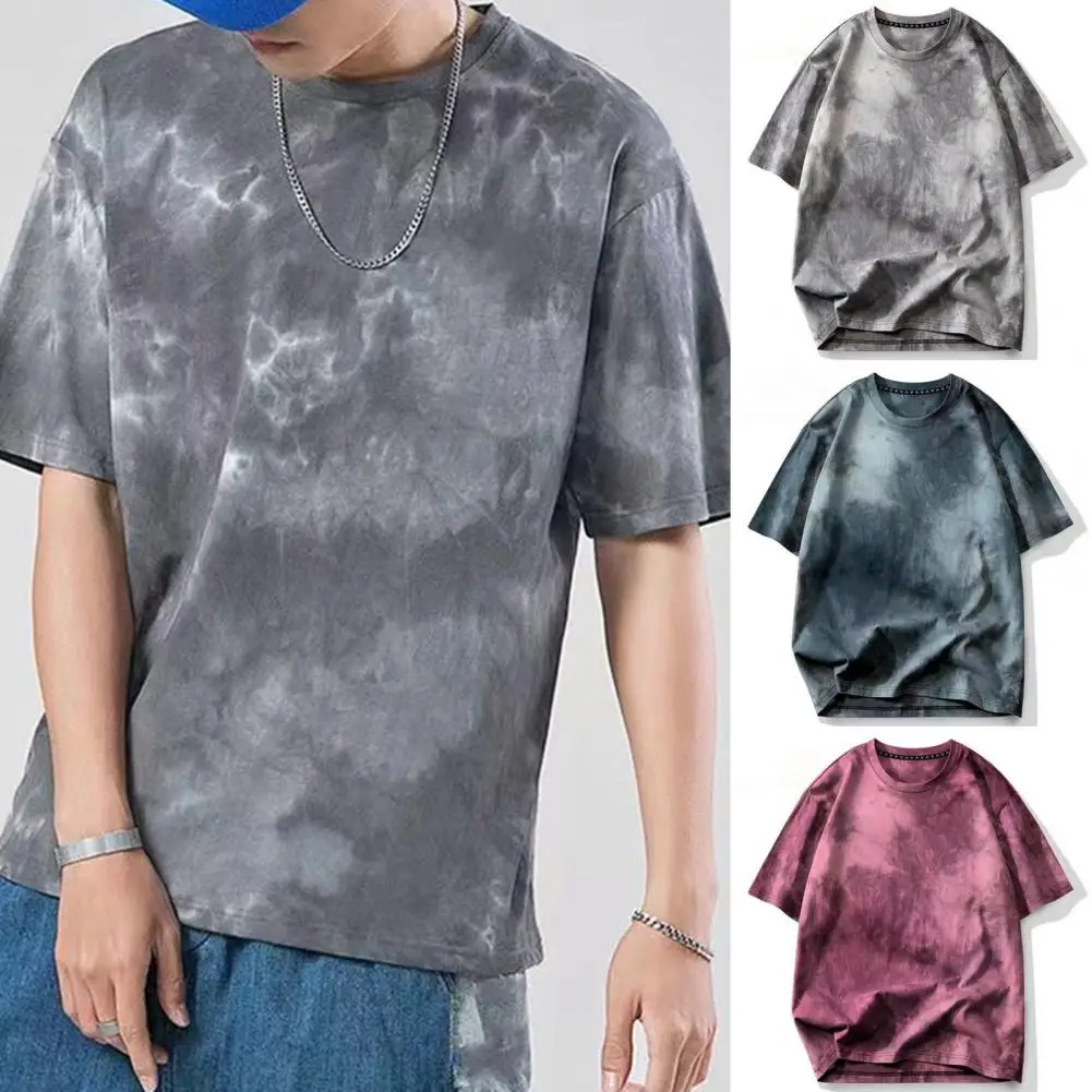 Unisex Tie-dye T-shirt Retro Tie Dye Print T-shirt Oversized Hop Pullover for Men Women Loose Fit Top with O-neck Short Sleeve