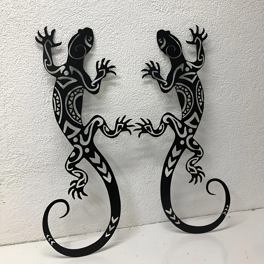Metall-Gecko-Wandkunst-Set mit 2 robusten Innenwanddekorationen mit handwerklich hergestelltem Kunsthandwerk, moderner Wandbehang aus Metall für Wohnzimmer und Schlafzimmer