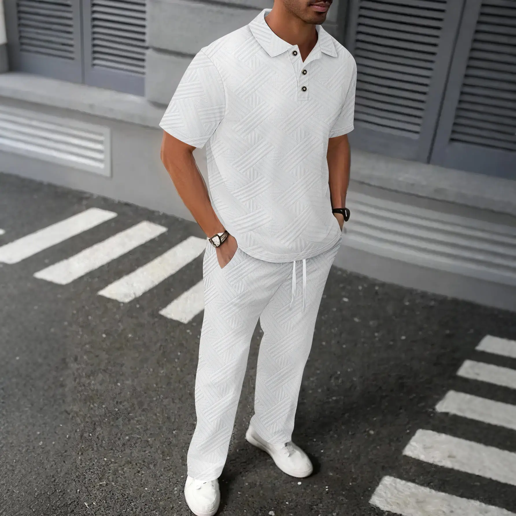 

Летний мужской комплект из двух предметов: рубашка с коротким рукавом и длинные брюки, однотонный с цветочным принтом, удобный, дышащий, повседневный стиль