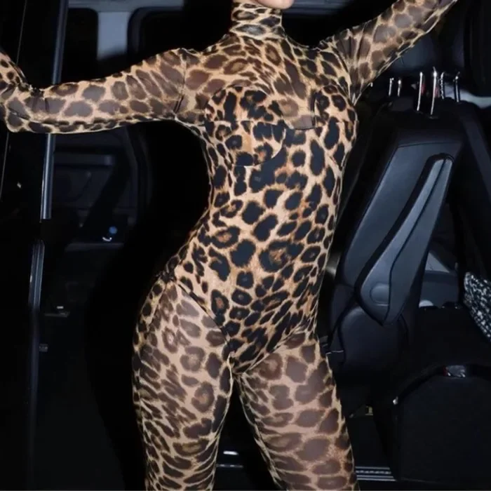 

Tight Jumpsuit Woman 2025 Spring New Leopard Mesh Long Sleeve Stand Up Collar Sexy High Waist Long Sleeves Conjoined Body Pants