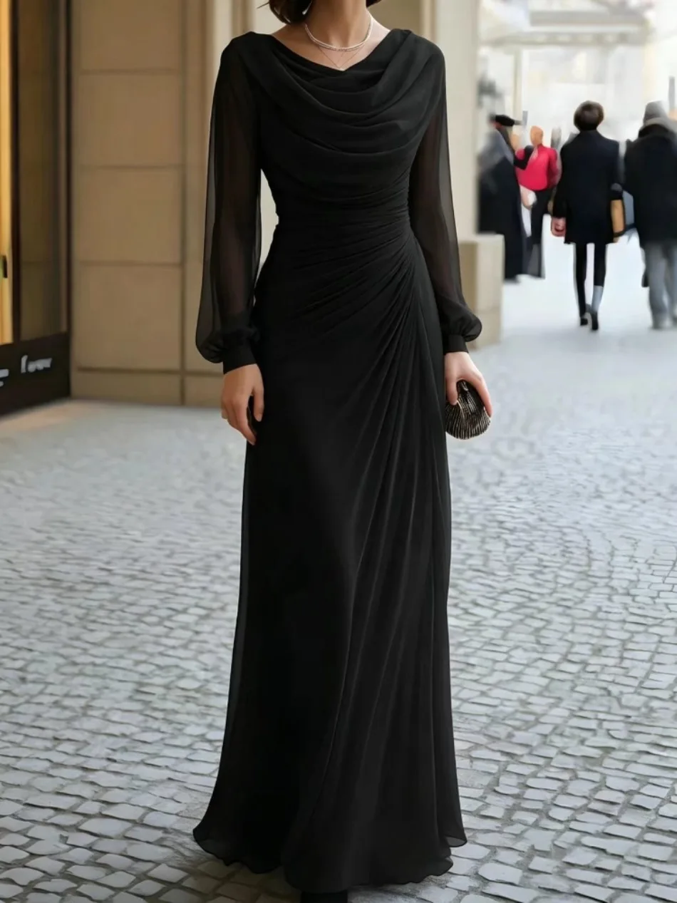 Elegantes Abendkleid mit Schwingkragen und Rüschen, Einfarbiges Schlankes Chiffonkleid, Sommerliche Mode, Hochgeschnittenes Bankettkleid – Detail 9