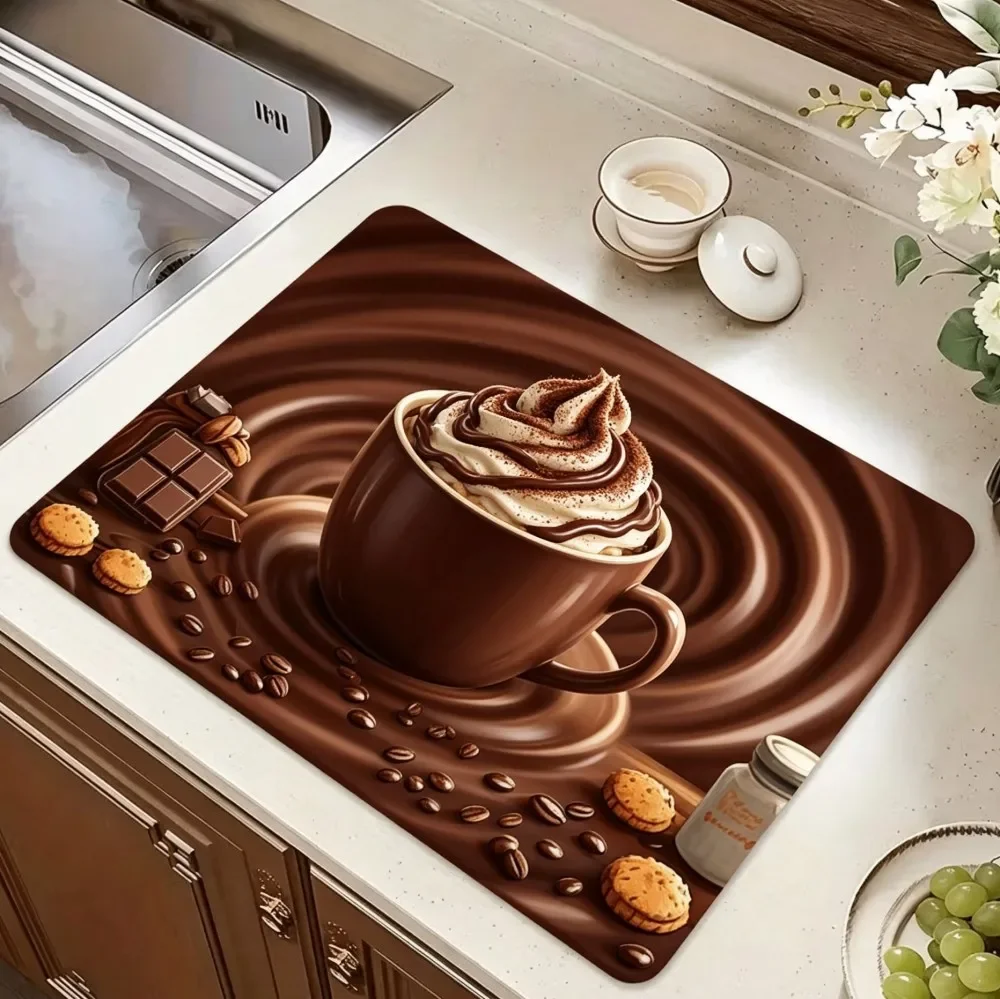 Coffee Chocolate Art Kitchen Drain Mat Super Absorbent Dish Drying Pad Waterproof Non Slip Sink Shelf Cover Base