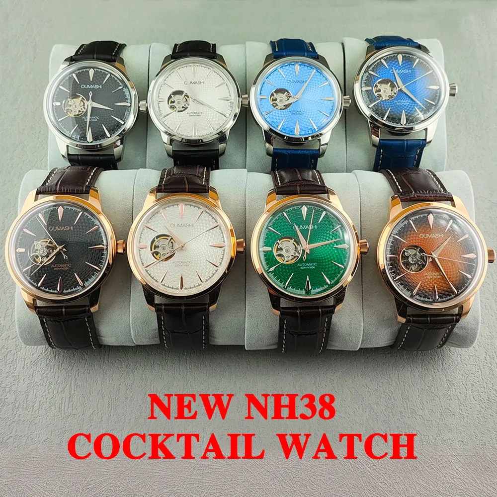 NH Watch 38 Cocktail Automatic Men10ATM Waterproof Wristbatch Double Dome Sapphire Crystal Tandorio Dive Clock Date Leather Band