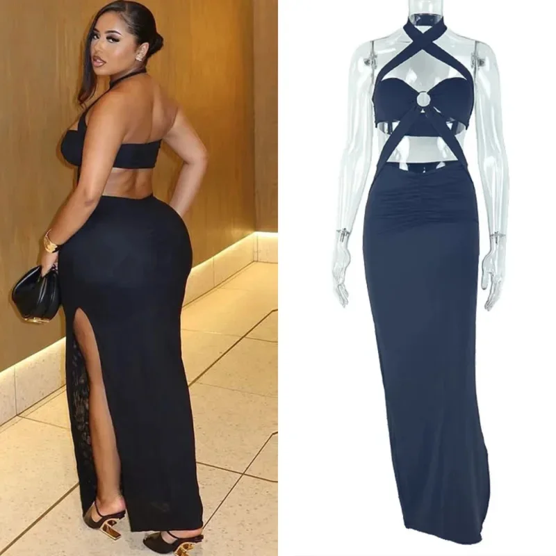 Vestido largo sexi con cuello Halter cruzado, vestido de noche ajustado con abertura larga y cintura sin espalda, detalle de anillo de Metal, Vestidos ajustados para dormir