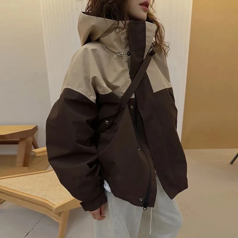 

Корейская лоскутная ветровка с капюшоном, женская свободная повседневная куртка с длинными рукавами, весна-осень, винтажная классическая верхняя одежда для ленивых улиц