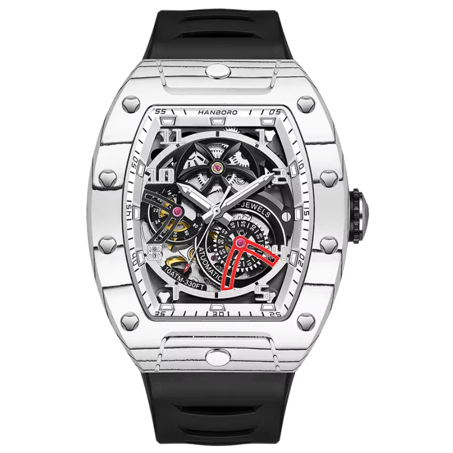 

HANBORO Men Automatic Watch 42mm Tonneau Mechanical Wristwatch Carbon Fiber 50m Waterproof Sapphire Luminous Skeleton Dial