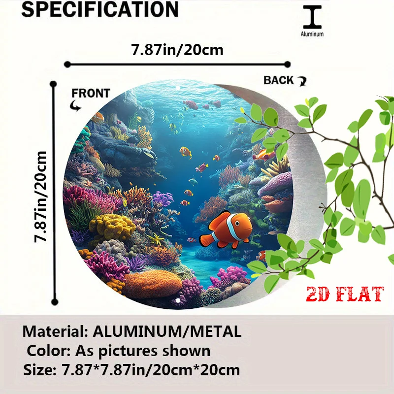 2D Flat - One-Piece Round Sign Featuring a 2D Flat Ocean Design, Showcasing Coral Reefs And Tropical Fish. This Decorative Plaqu