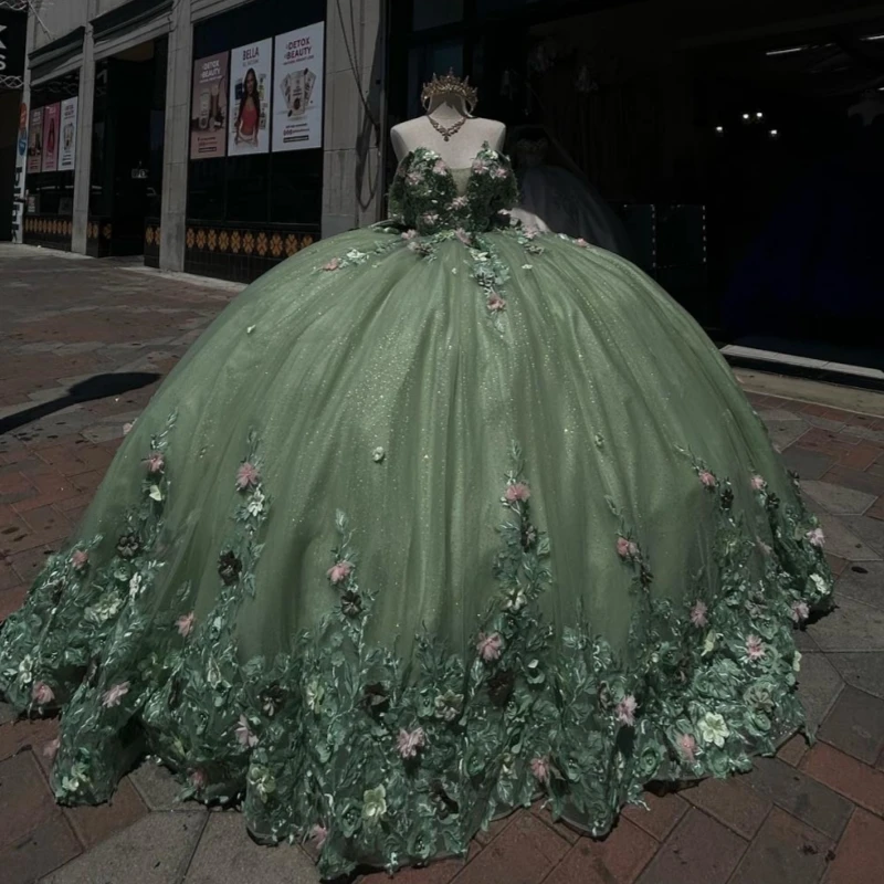 

Mint Green Shiny Quinceanera Dresses Off The Shoulder Applique Flower Beading Crystal Bow Tull Party Birthday Sweet 16 Dress