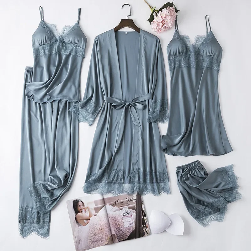 White Silk Pajamas Set Women 5PCS Bride Wedding Robe Nightgown Sexy Lace Chemise Sleepwear Kimono Bathrobe Gown Lingerie