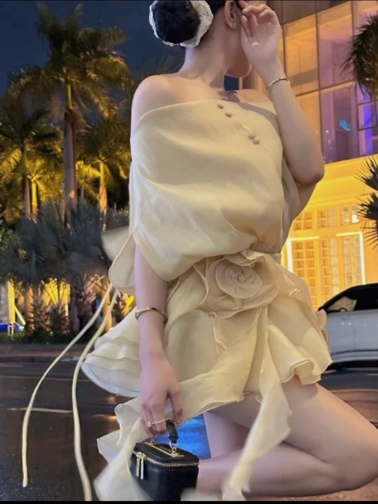 Women Backless Lace-up Dress Two Piece Set Sexy Off Shoulder Flower Ruffles Dress + Shorts Suits Evening Party Cocktail Sets