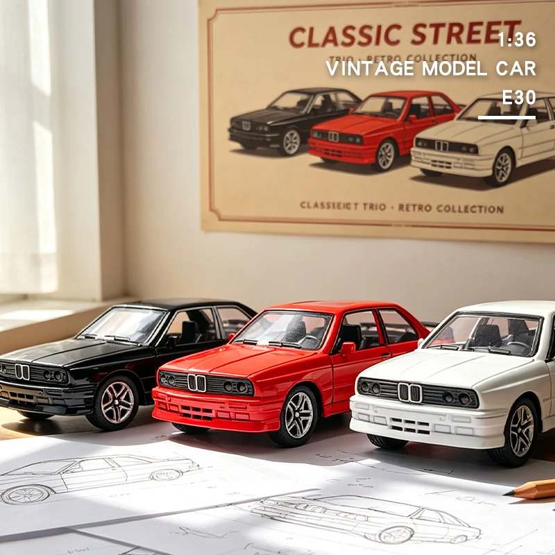 1/36 Vintage Retro Car Model, E30 Classic, Muscle Car Model, Die-Cast Metal, Exquisite Compact Pocket Car, Beautiful Collectible