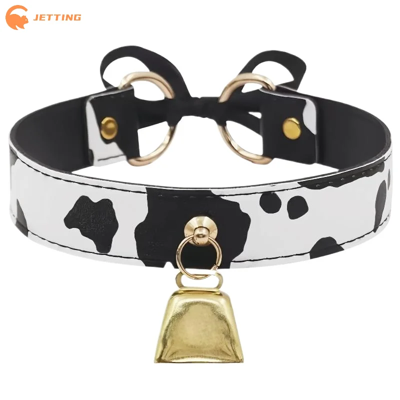 1 Piece  Leather Cow Print Bell Pendant Collar Choker Necklace For Women Cosplay Party Jewelry Gifts