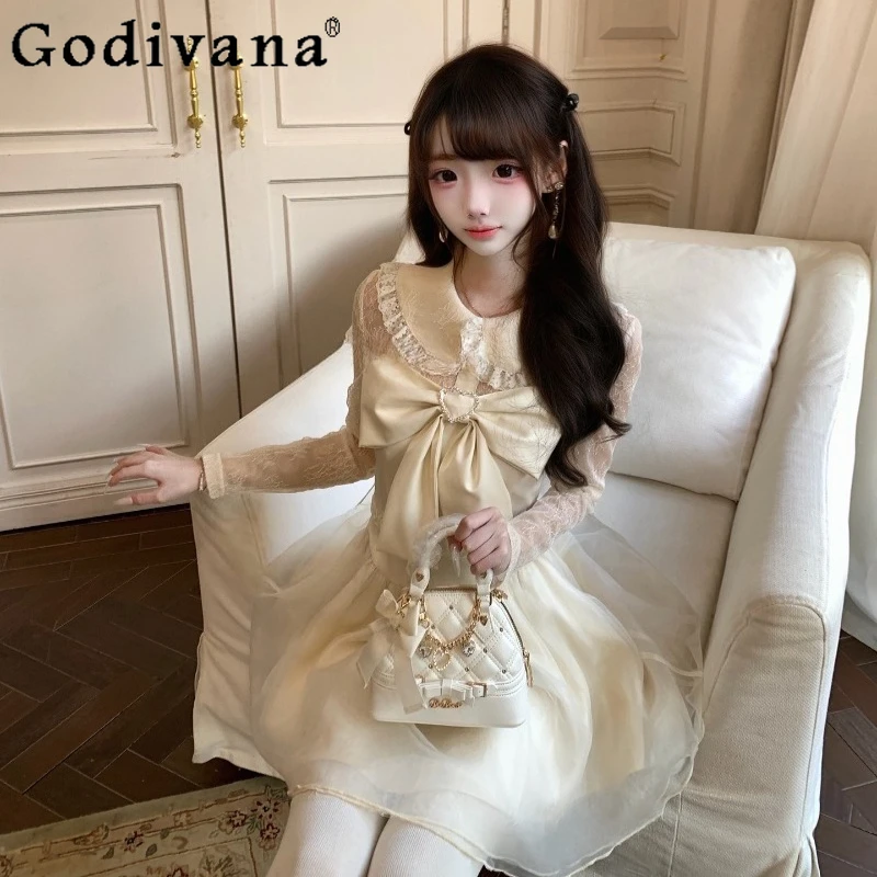 

Fairy Gentle Autumn and Winter Dress for Ladies High Waist Clear Doll Collar Lace Dress Women's Princess Lolita Sweet Dress