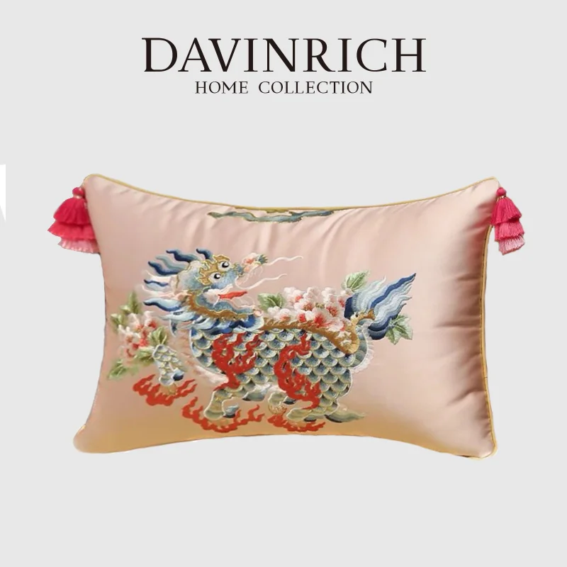 DAVINRICH Kylin Dragon Traditional Hand Embroidered Lumbar Pillowcase Gorgeous Silky Art Cushion Cover For Apartment Villa Hotel