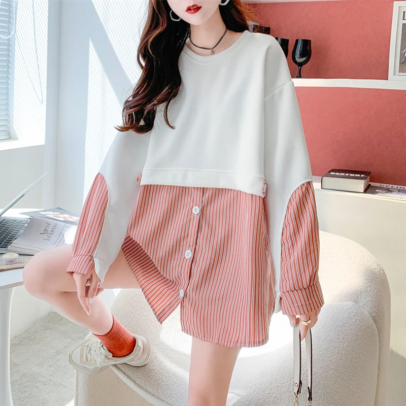 Patchwork Sweatshirts Lace-Up Grey Tops Pink Pullovers Buttons Long Sleeve Poncho Fall Winter Loose Casual Oversized Pullover