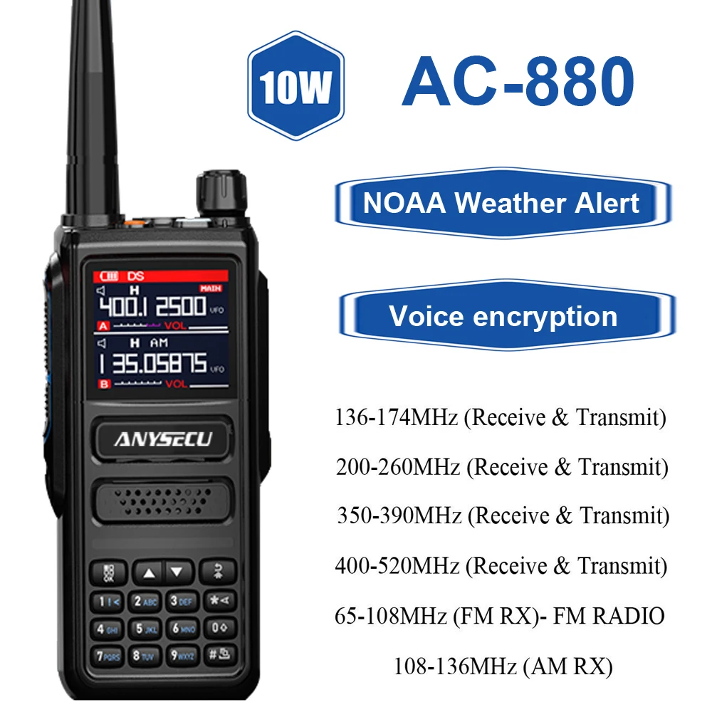 ANYSECU AC-880 10W High Power with NOAA Weather Alert Two Way Radio Multi-frequency VHF UHF FM Transceiver