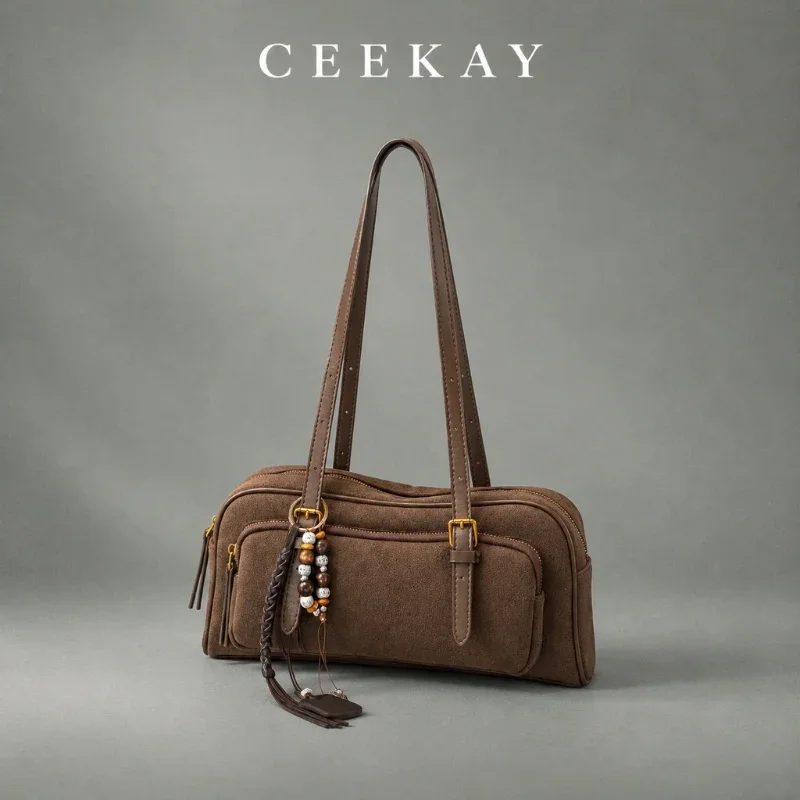 CEEKAY Suede Satchel Twin Strap Grommet Zip Pocket Beaded Tassel Charm All-Match Daily Wear Roomy Elegant Classic for Women