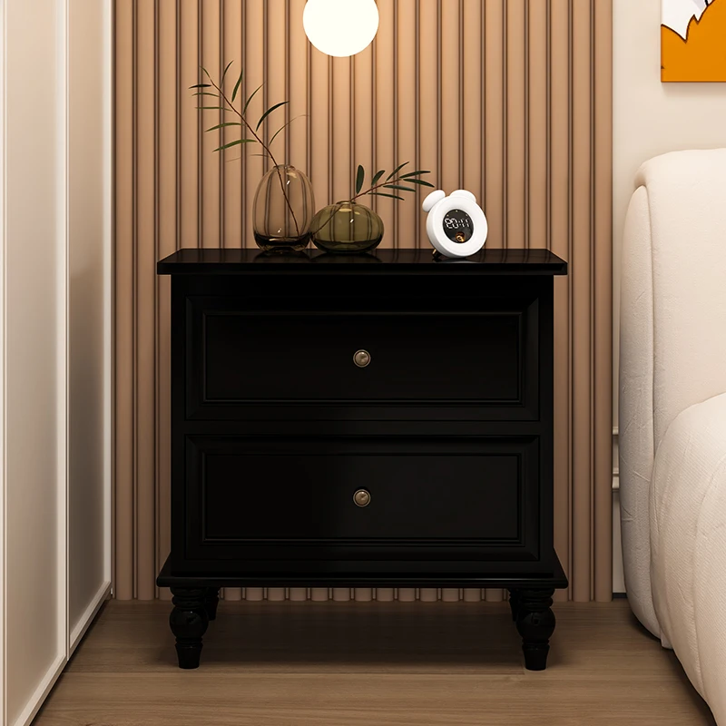

Modern Minimalist Black Bedside Table: American Solid Wood Storage Cabinet with a Luxurious Edge for Bedroom Suitable for indoor