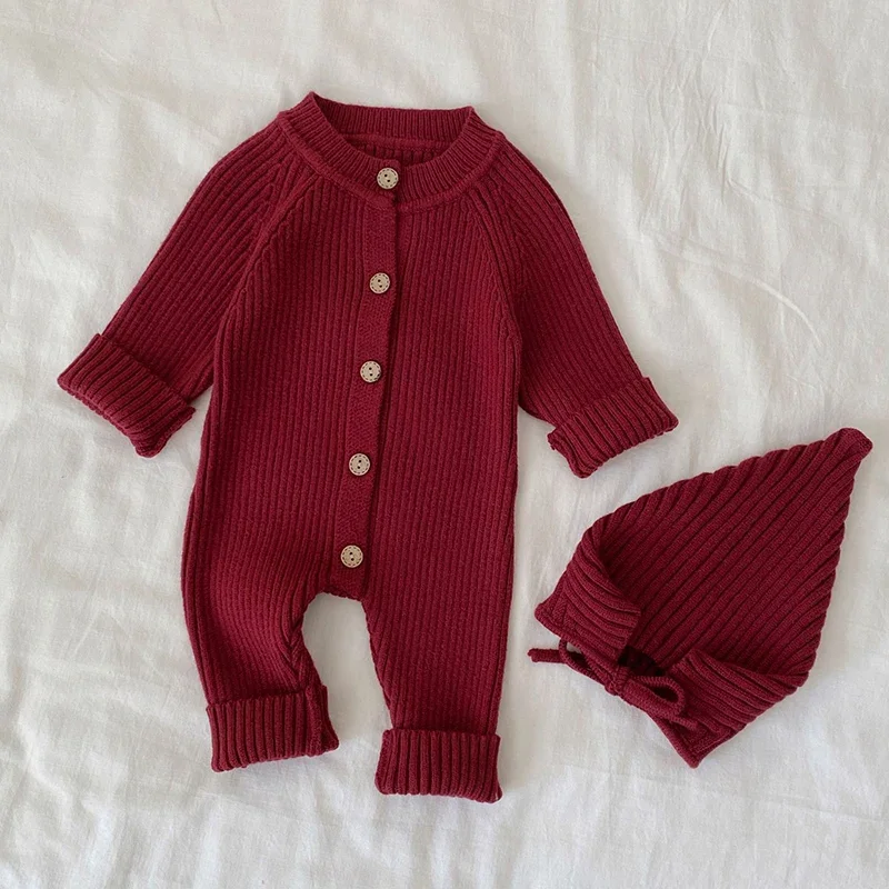 جديد ربيع 2026 بدلة قفز محبوكة للأطفال البنات والأولاد + قبعة بأكمام طويلة بلون سادة ملابس أطفال محبوكة للأطفال الصغار #3