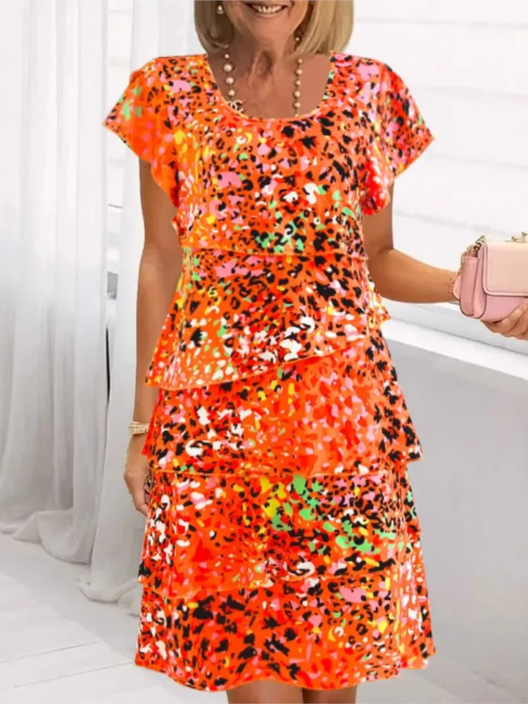 

Summer Leopard Print Series Dress Women's Personality Street Fashion Round Neck Lotus Leaf Sleeve Stitching Short-sleeved Dress