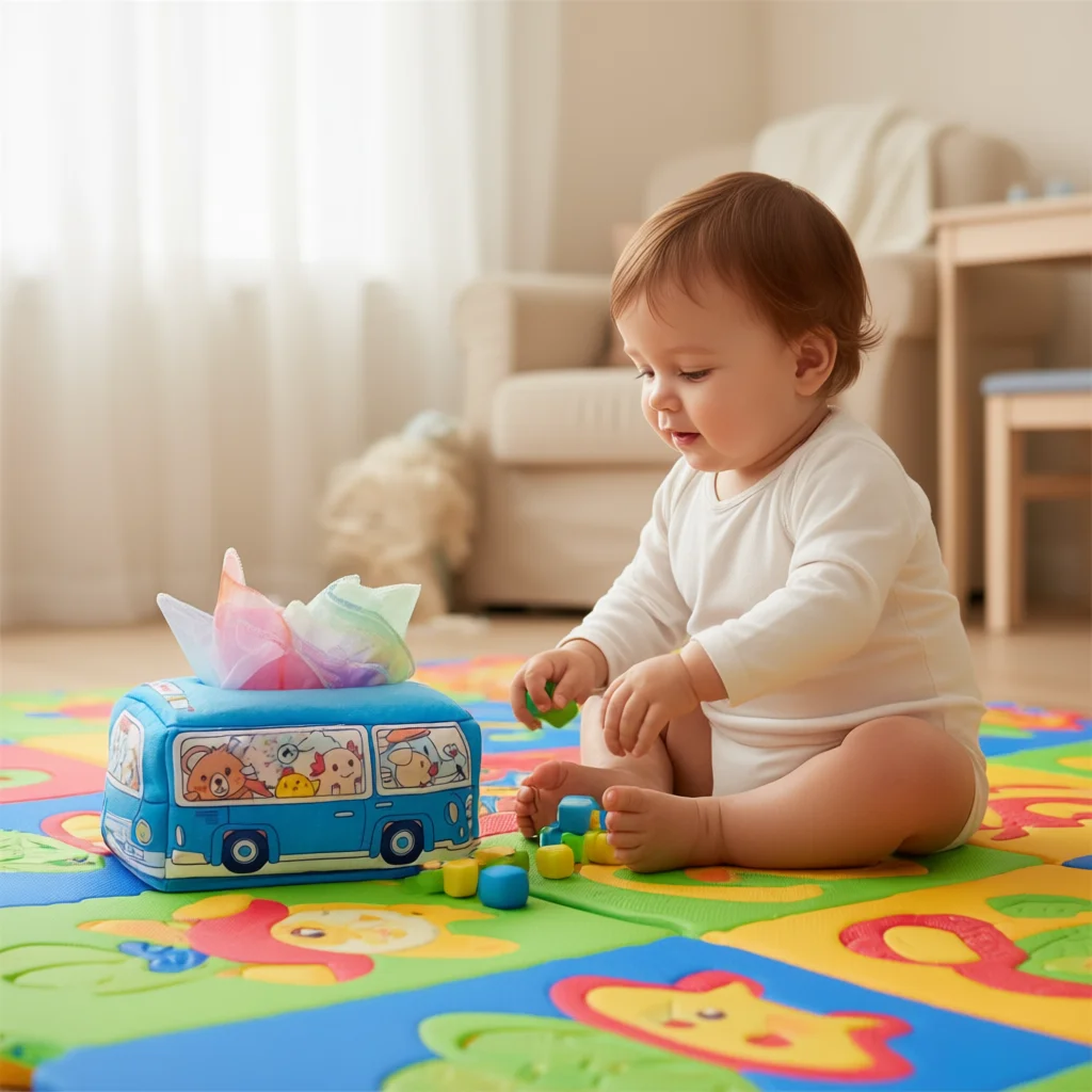 

Baby Sensory Paper Drawer Toy – Reusable Crinkle Towel Box & Cloth Book for Tactile Play, Fine Motor Skills & Calming Fun