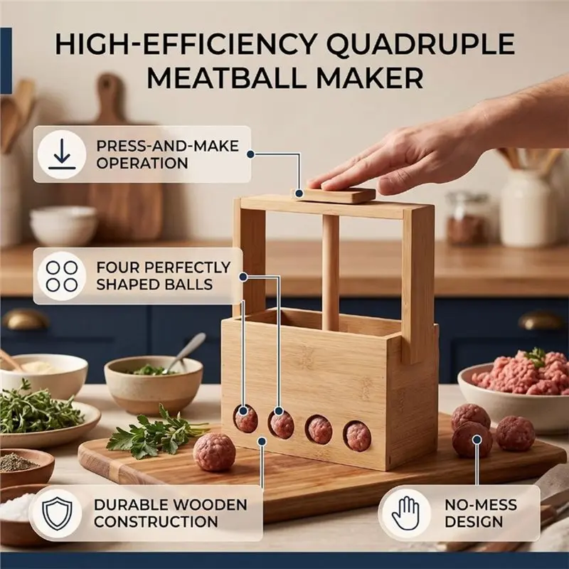 ABUN Wooden Manual Quadruple Meatball Maker, Quickly Meatball Production Tool, Making Mold Set for Rounded Items Pastry,