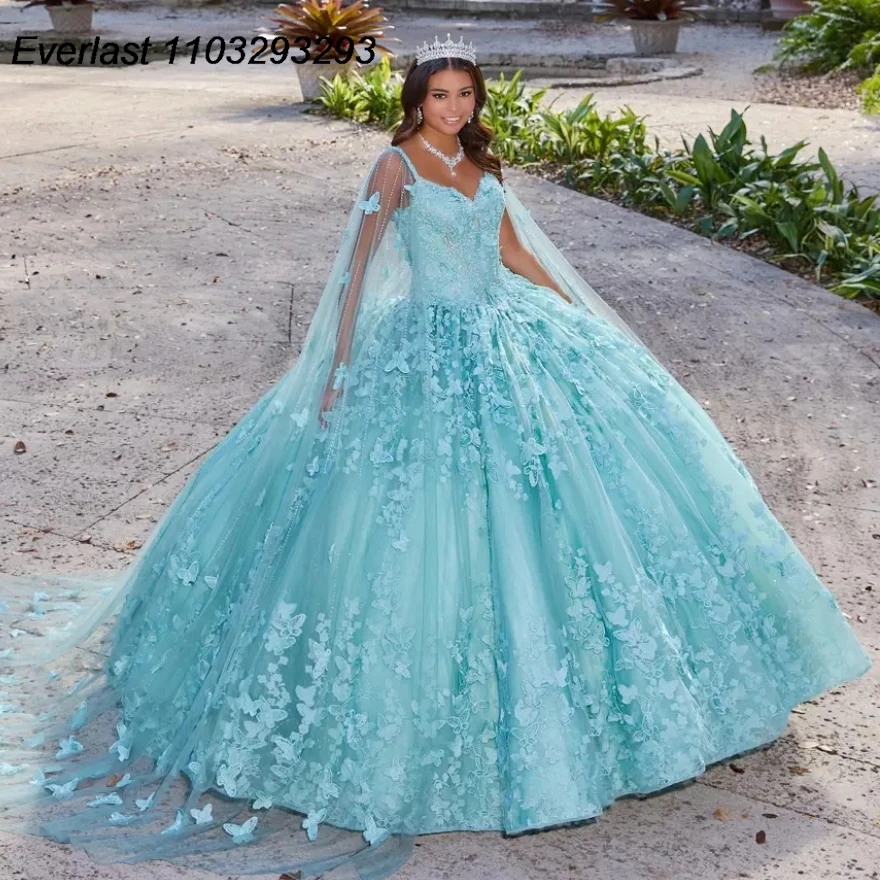 

EVLAST Mint Green Quinceanera Dress Ball Gown 3D Lace Applique Beaded Spaghetti With Cape Sweet 16 Vestido 15 De Años TQD243