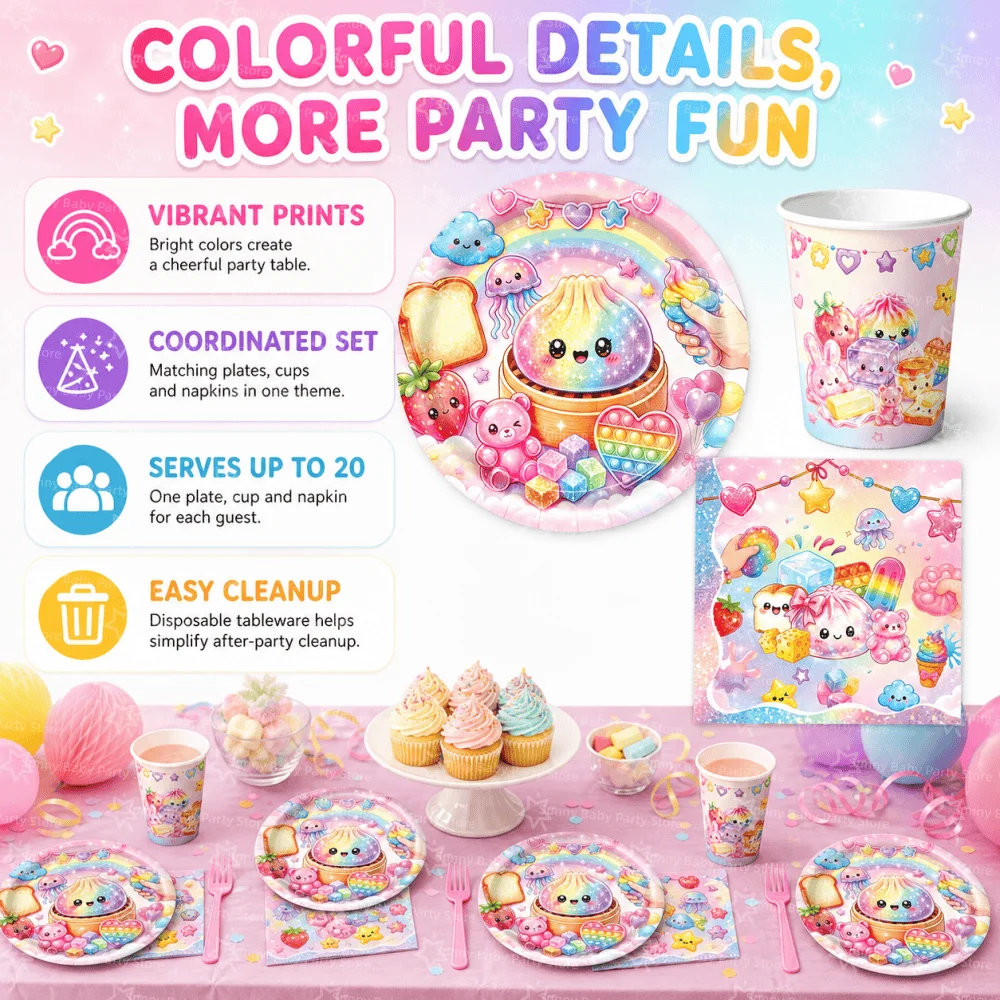 60 Stück Squishy Geburtstagsdekorations-Geschirr Rosa Spielzeug Einweg-Pappbecher Teller Servietten Party-Geschenke Babyparty-Spielzeug – Detail 9