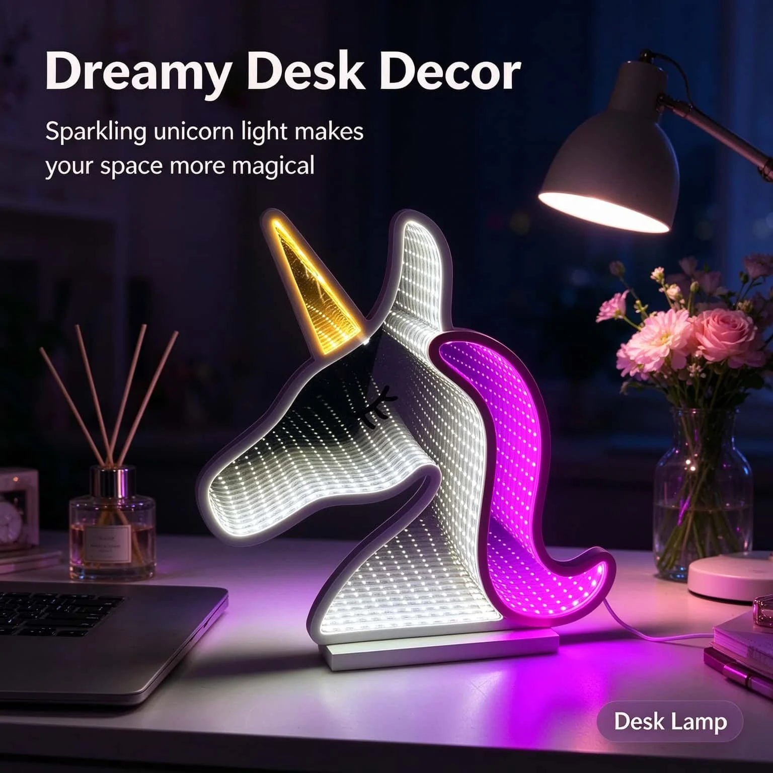 3D Unicorn Mirror Lamp Infinity Tunnel LED Night Light Dimmer Control Indoor Lighting Table Lamp