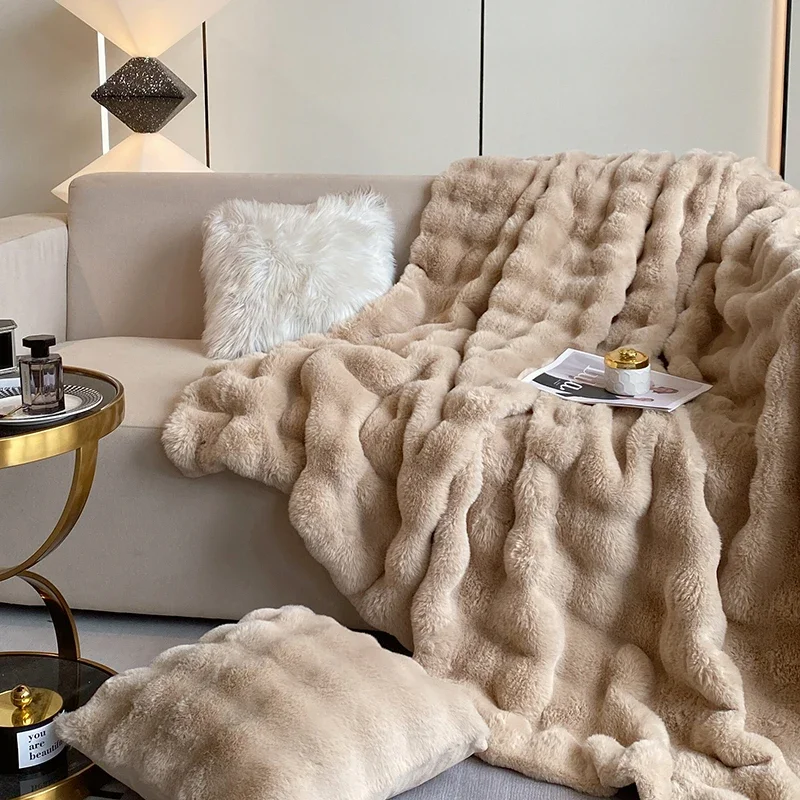 luxury faux fur Blanket double-sided fluffy bubble Fleece bed Plaid sofa blankets plush sofa cover bedspreads for double bed