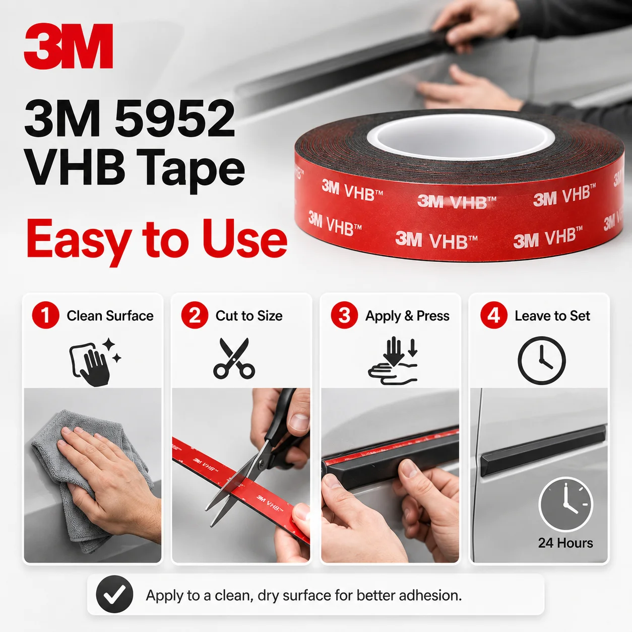 Original 3M 5952 VHB Double Sided Tape Strong Adhesive Foam Tape 1.1mm Thickness Waterproof Heat Resistant for Car Mounting image 4