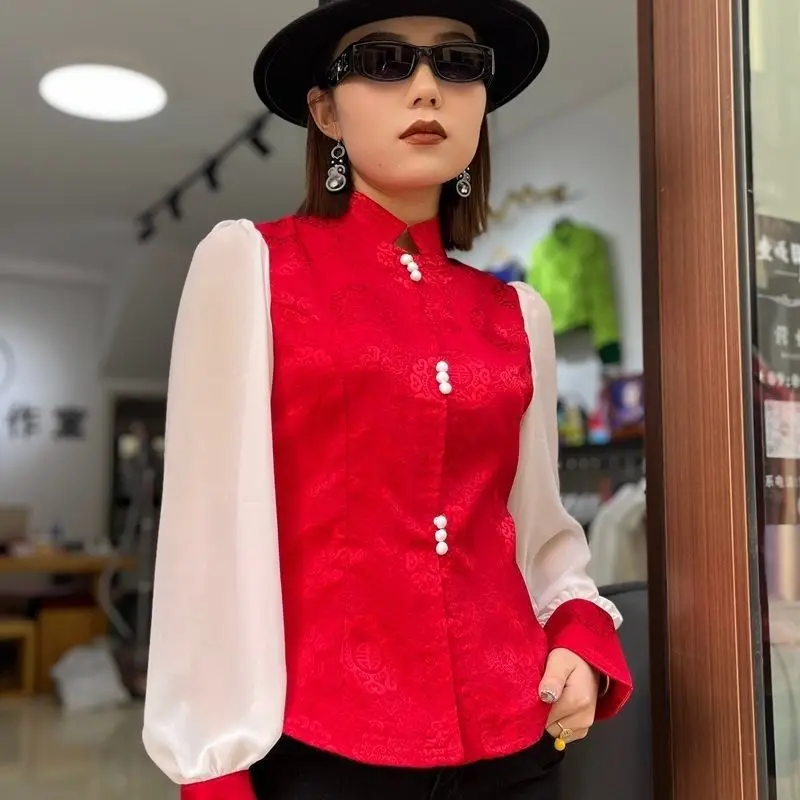 

Chinese Style Women's Spring and Autumn Long Sleeve Shirt Vest Jacquard Satin Personality Fake Two-Piece New Belly Covering