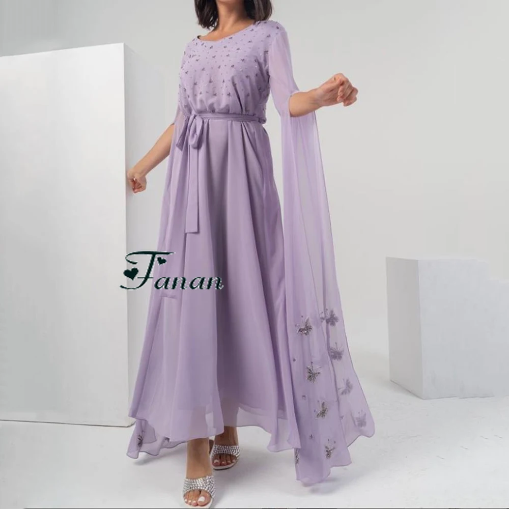 Customized Scoop Neck Chiffon Sequined Draped Lavender Evening Dress Half Sleeves Tea-Length Butterfly Formal Pageant Party Gown