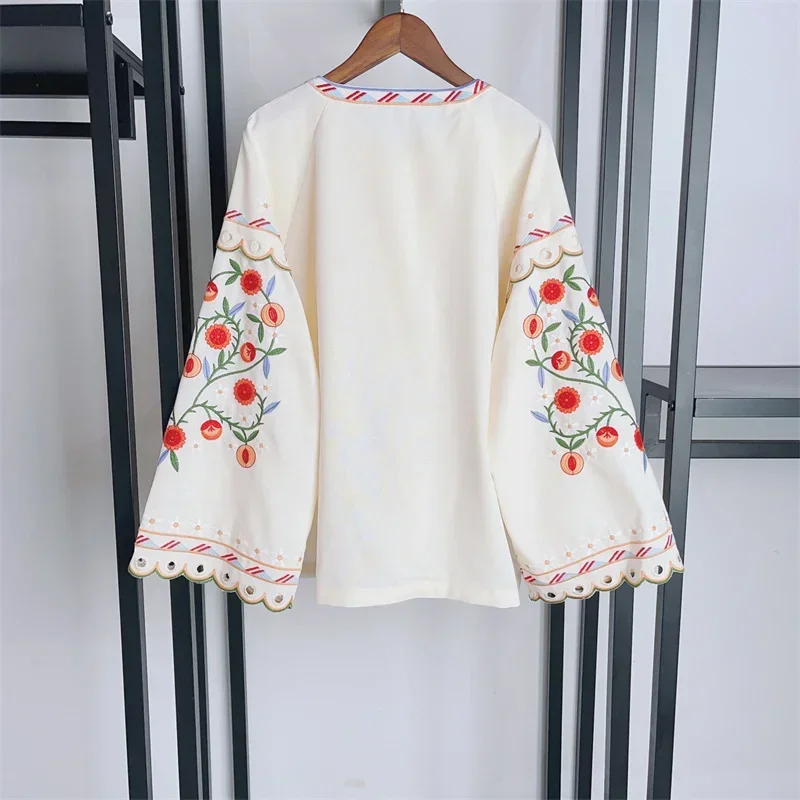 French Luxury E Shirt Women Colorful Flower Embroidery Blouse Spring New Ladies Lace Up Flare Sleeve Vintage Sweet Long Sleeve