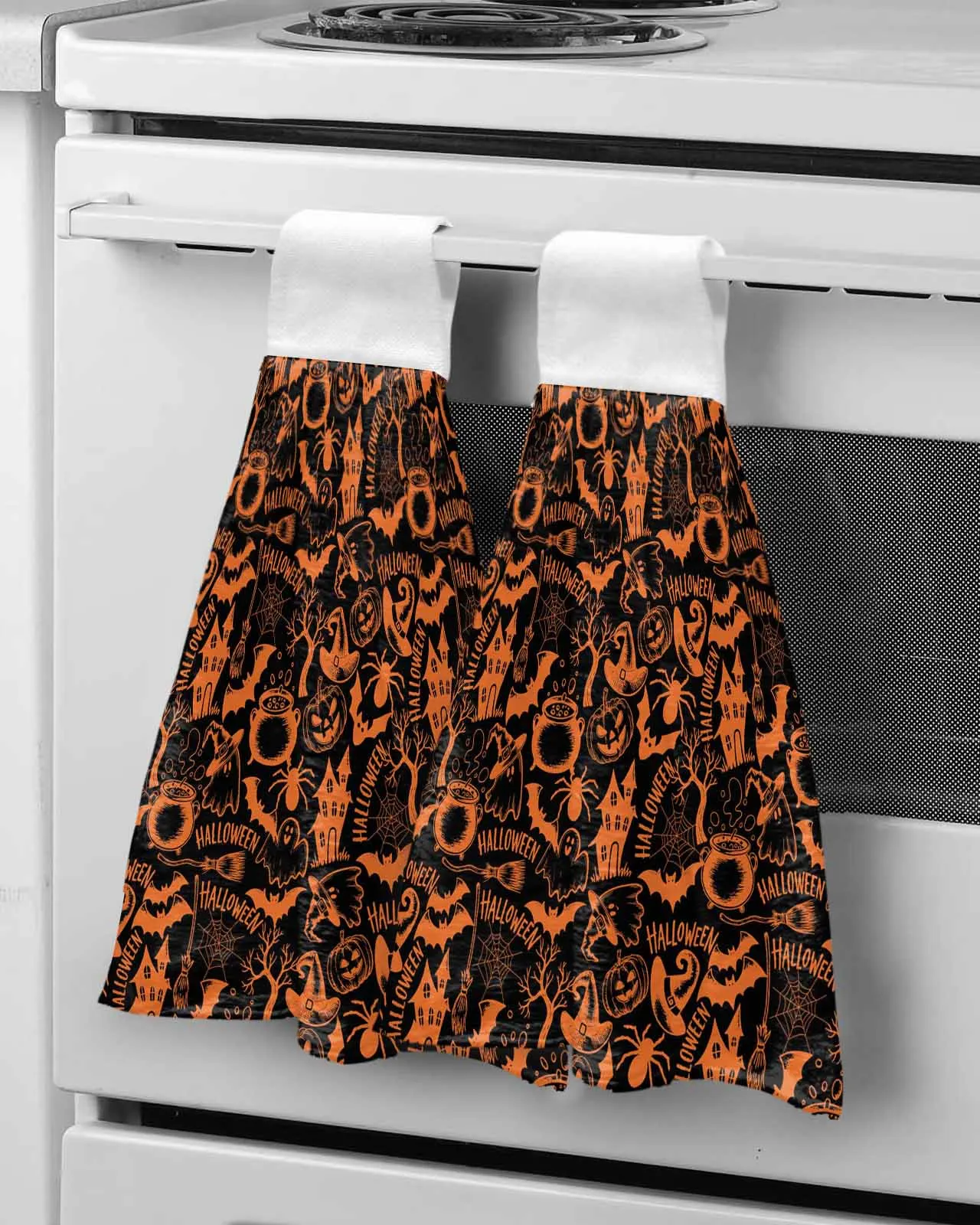 

Halloween Motif Repeat Bat Witch Wipe Hand Towel Absorbent Hanging Towels Home Kitchen Wipe Dishcloths