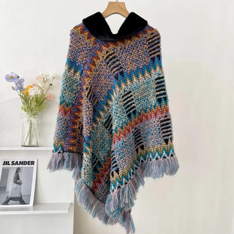 Autumn Winter Capes National Knitted Cloak Women New Pullover Cloak Tassel Warm Shawl Imitation Wool Collar Ponchos