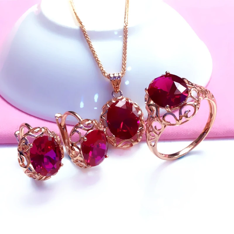 Luxury 585 purple gold inlaid ruby jewelry set hollow design 14K rose gold wedding necklaces rings earrings for girlfriend