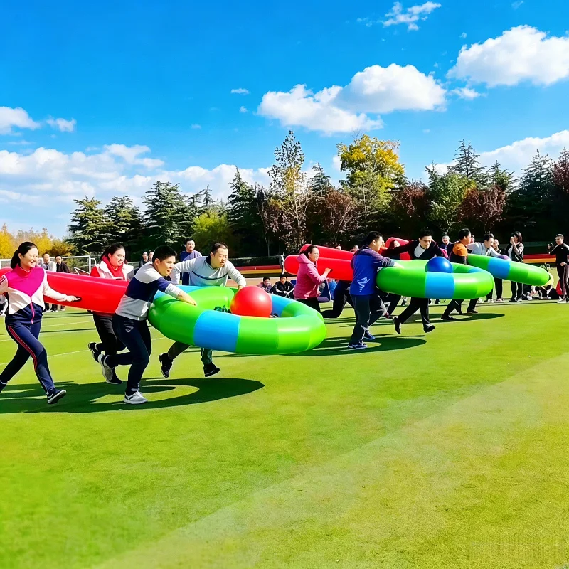 Outdoor Team Cooperative Competition Facility Inflatable Big Tennis Racket Race Game Company Sports Meeting Ball Transport Prop
