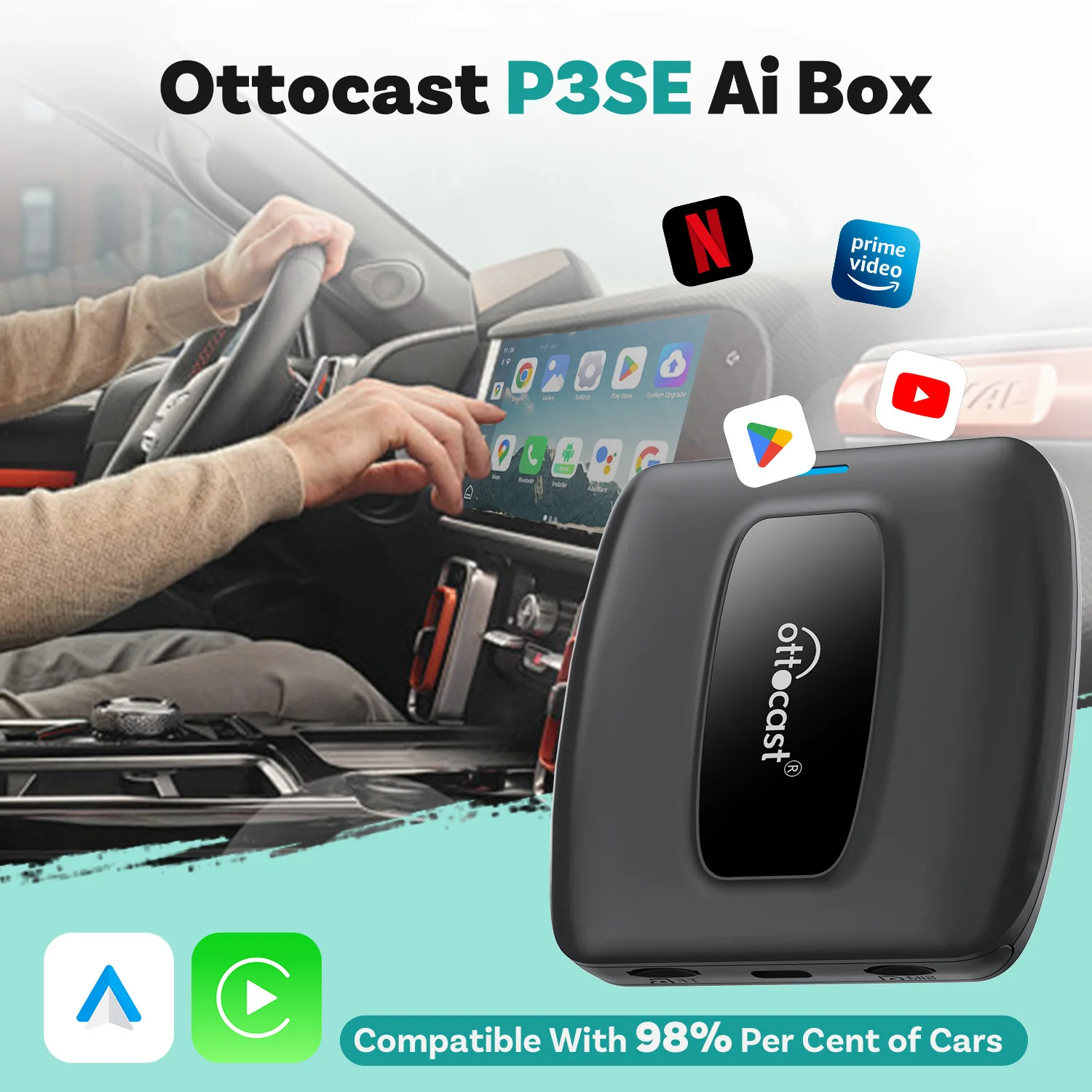 

OTTOCAST Express P3 SE CarPlay AI Box Wireless CarPlay Android Auto Adapter Video Box YouTube/Netflix/Tiktok for Toyota VW Benz