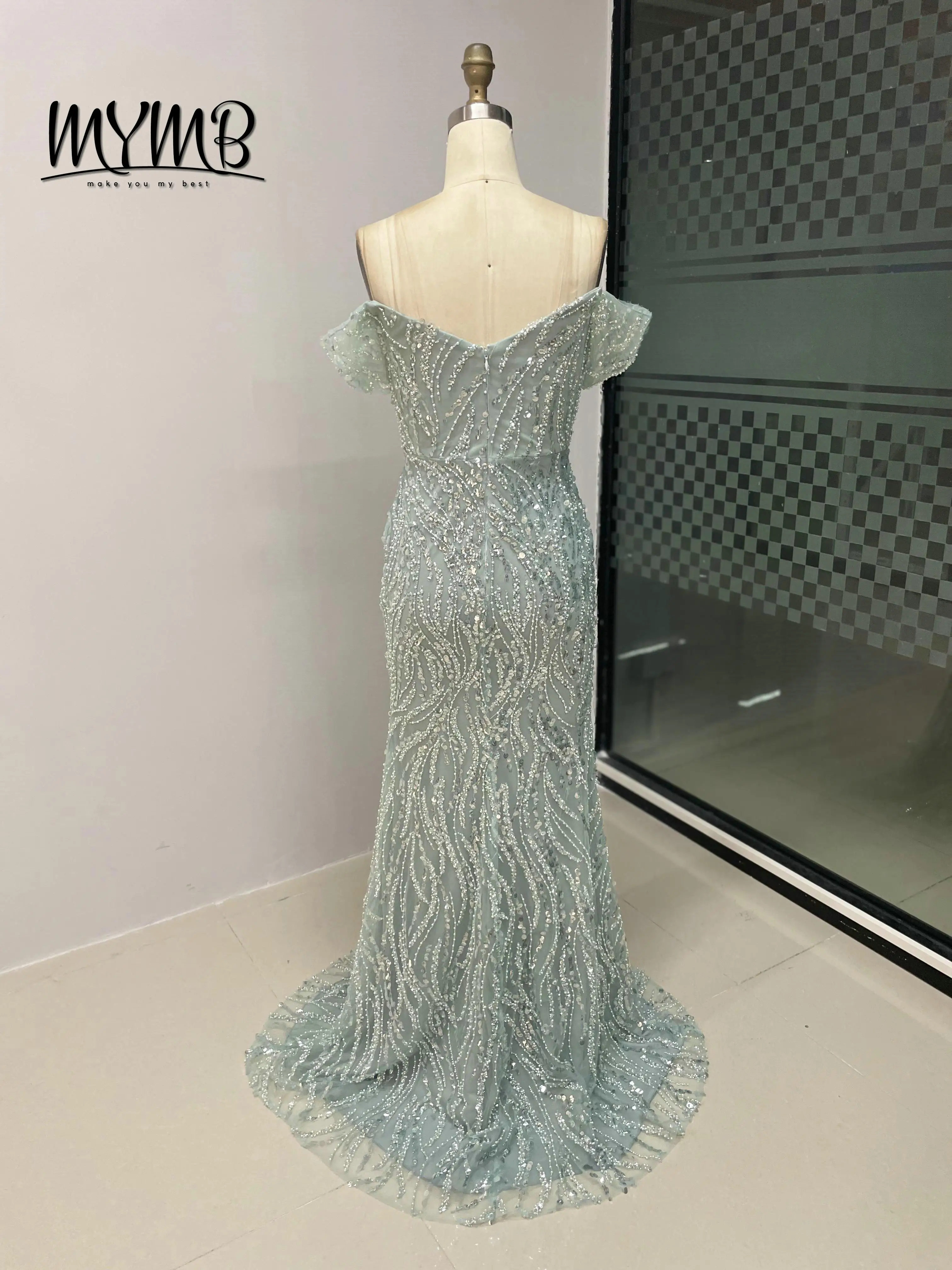 Mymb chique brilhante fora do ombro vestido de noite para senhoras querida sem mangas fenda pérola sexy plus size até o chão baile my30022