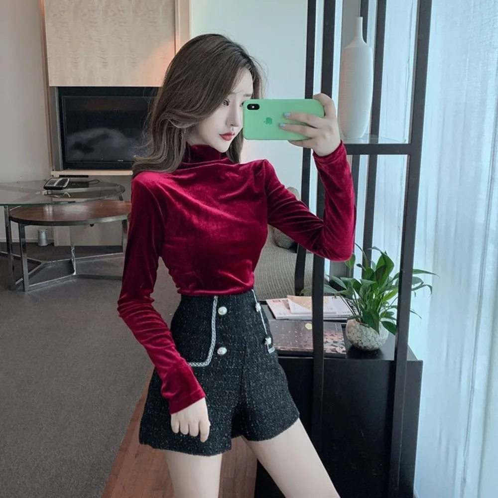 Autumn Winter Velvet Women\'s Turtleneck Shirts New Fashion Solid Slim Fit Long Sleeve Blouse Korean Elegant Blusa Top Woman Tees