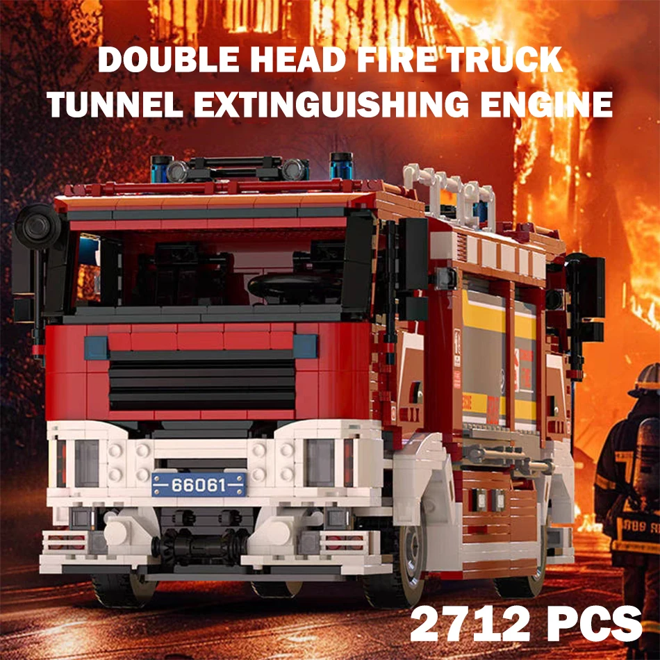 

City Double Head Fire Truck Tunnel Extinguishing Rescue Engine Vehicle Model Building Blocks Educational Bricks Toys Kids Gifts