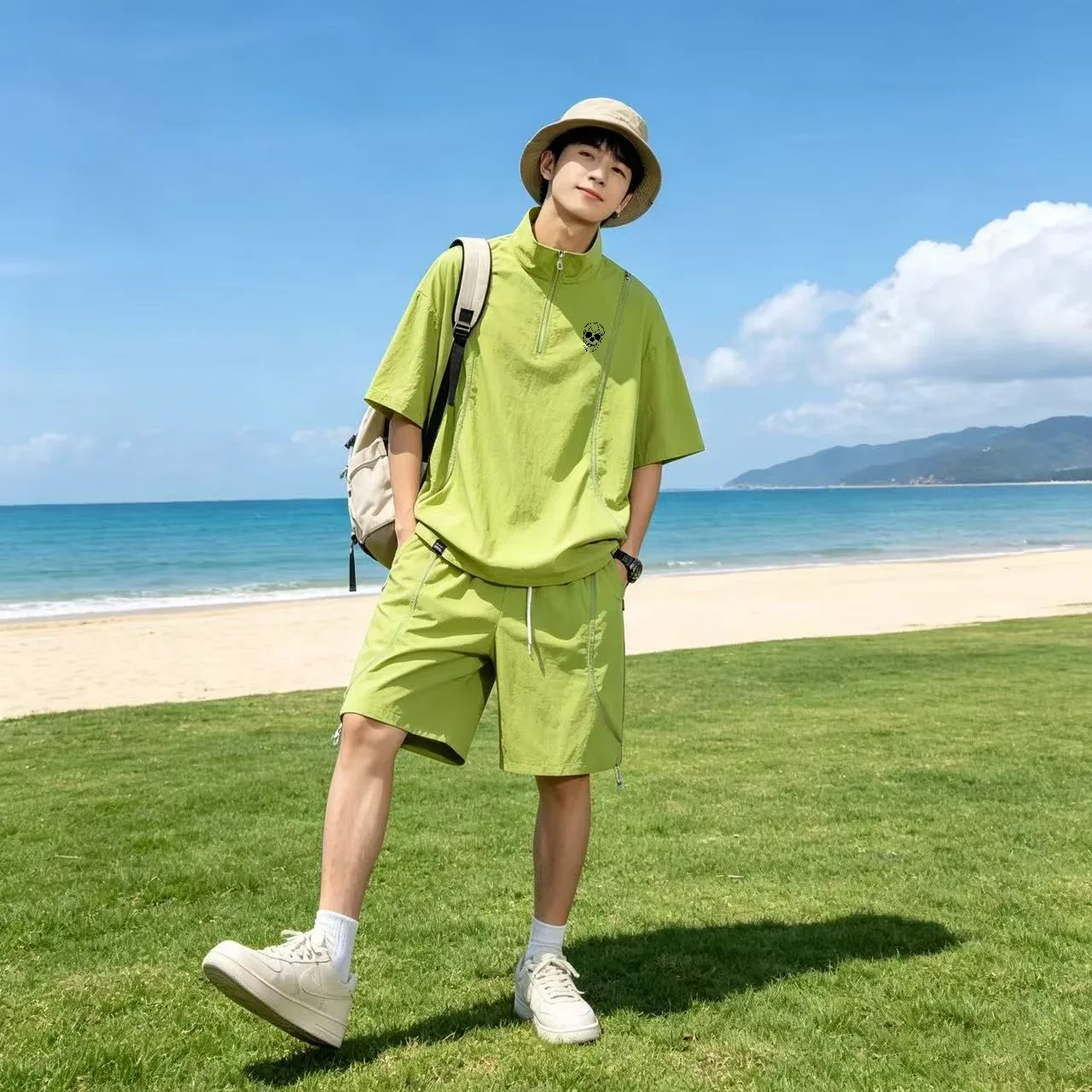 Summer Men and Women Sun Protection Golf Wear Couple's Top and Shorts Set Ice Silk Cool Casual Loose Stand Collar Golf Clothing