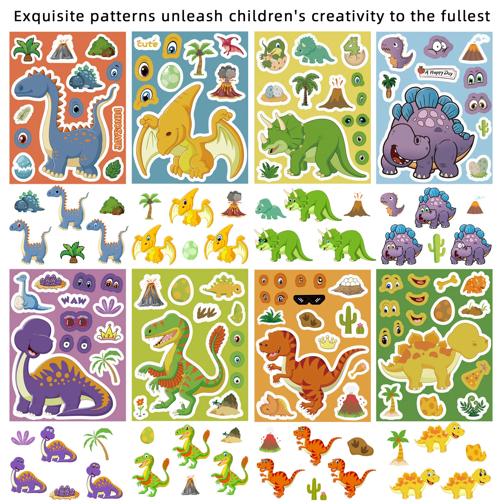 

8/16Sheets Cute Dinosaur Puzzle Stickers Make a Face Decals Stickers For Notebook Phone Laptop DIY Decoration Waterproof Sticker