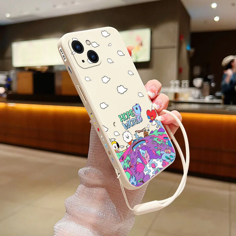 Cartoon Phone Case For iPhone 16 15 14 13 12 11 Pro Max Mini X XR XSMAX 8 7 6S Plus Soft Silicone Cover BTS With Hand Strap