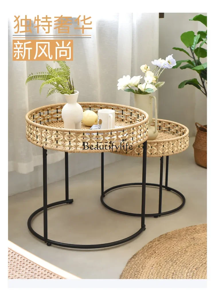 Paper rope woven coffee table Japanese sofa edge few wrought iron round balcony rattan set