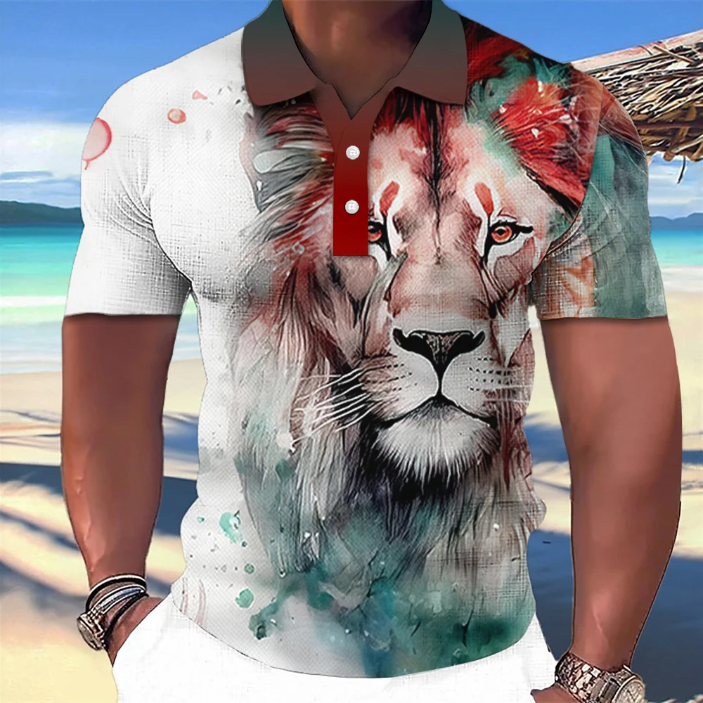 Animal Polo T-Shirts For Men 3d Lion&Bear Print Street Designer Short Sleeve Top Tee Fierce Beast Men'S Clothing Oversized Shirt